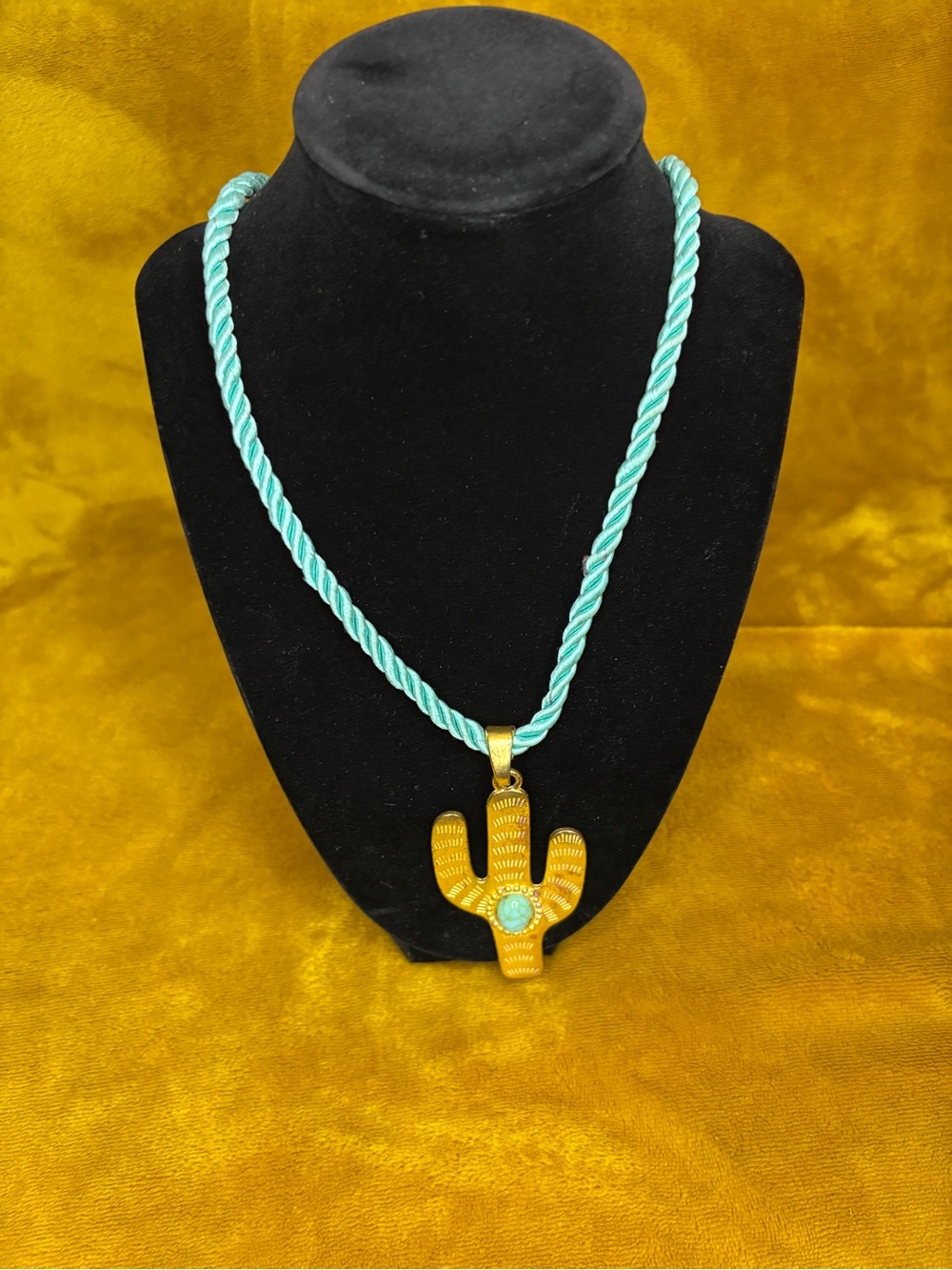 Gold Cactus Pendant Necklace with Turquoise Cord